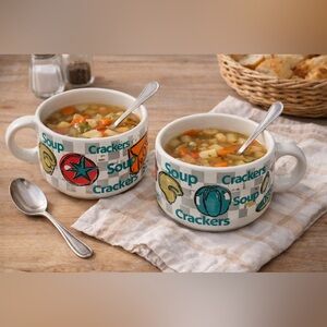 Vintage Soup Mug Set Crackers Soup Ceramic Bowl Cups Kitchen Farmhouse Set of 2